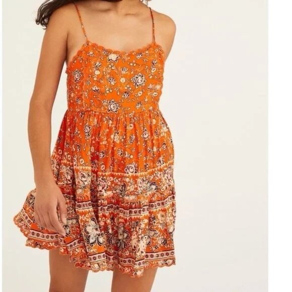 Urban Outfitters Sundress Orange Floral Mini Embroidered Scalloped Hem Small - Picture 1 of 9